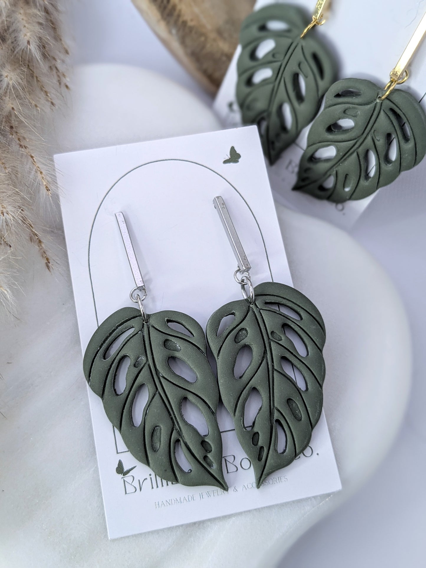 Sage Green Monstera Dangles