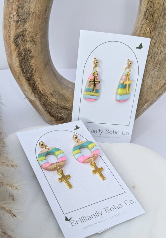 Petite Pastel Dangles with Gold Cross