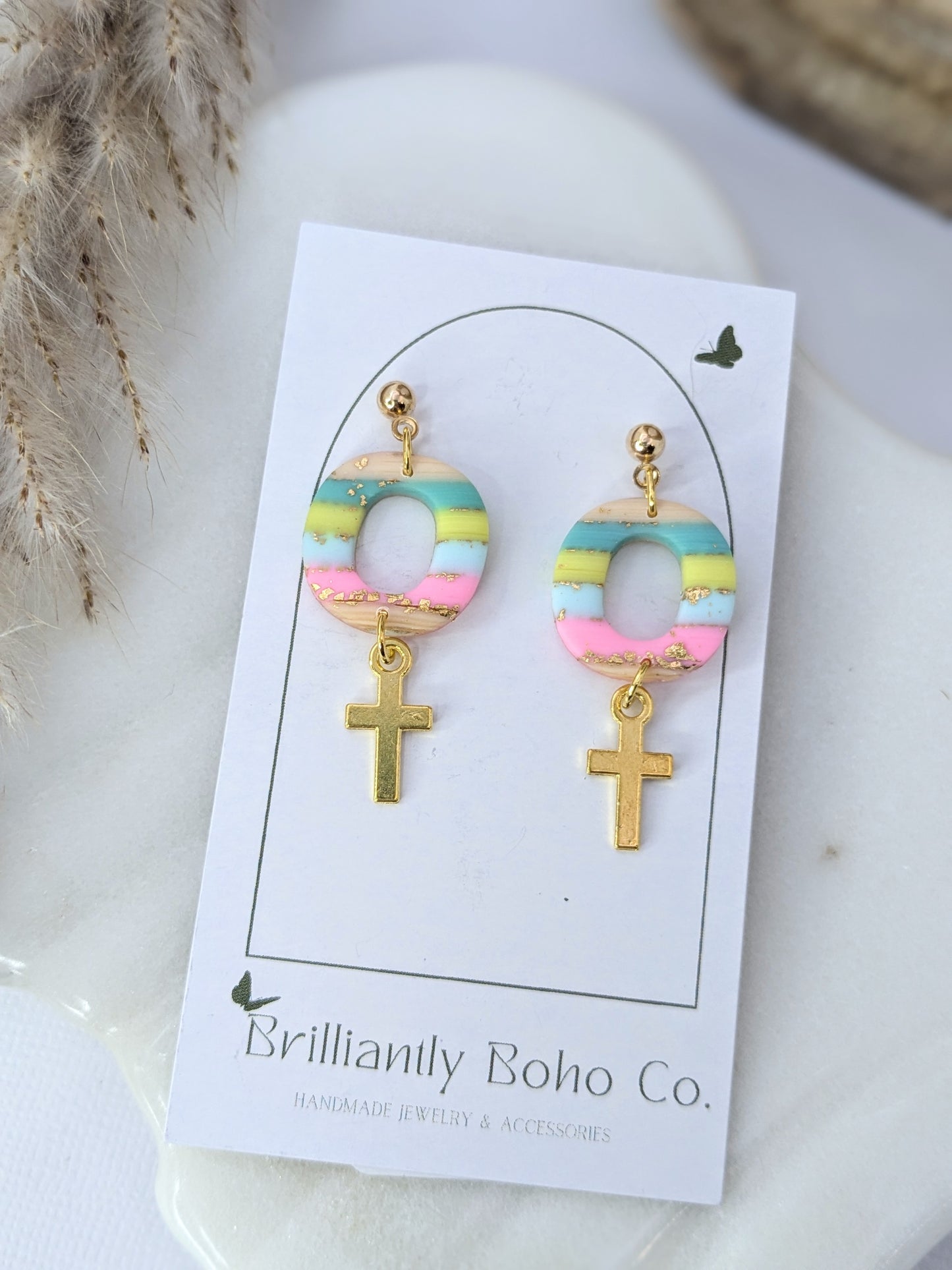 Petite Pastel Dangles with Gold Cross