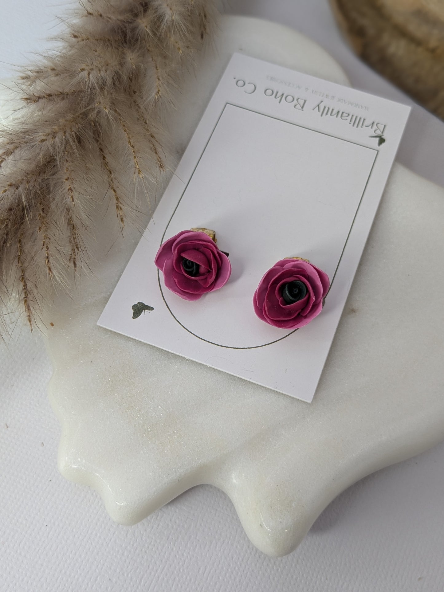 Raspberry Pink Rose Clip on earrings