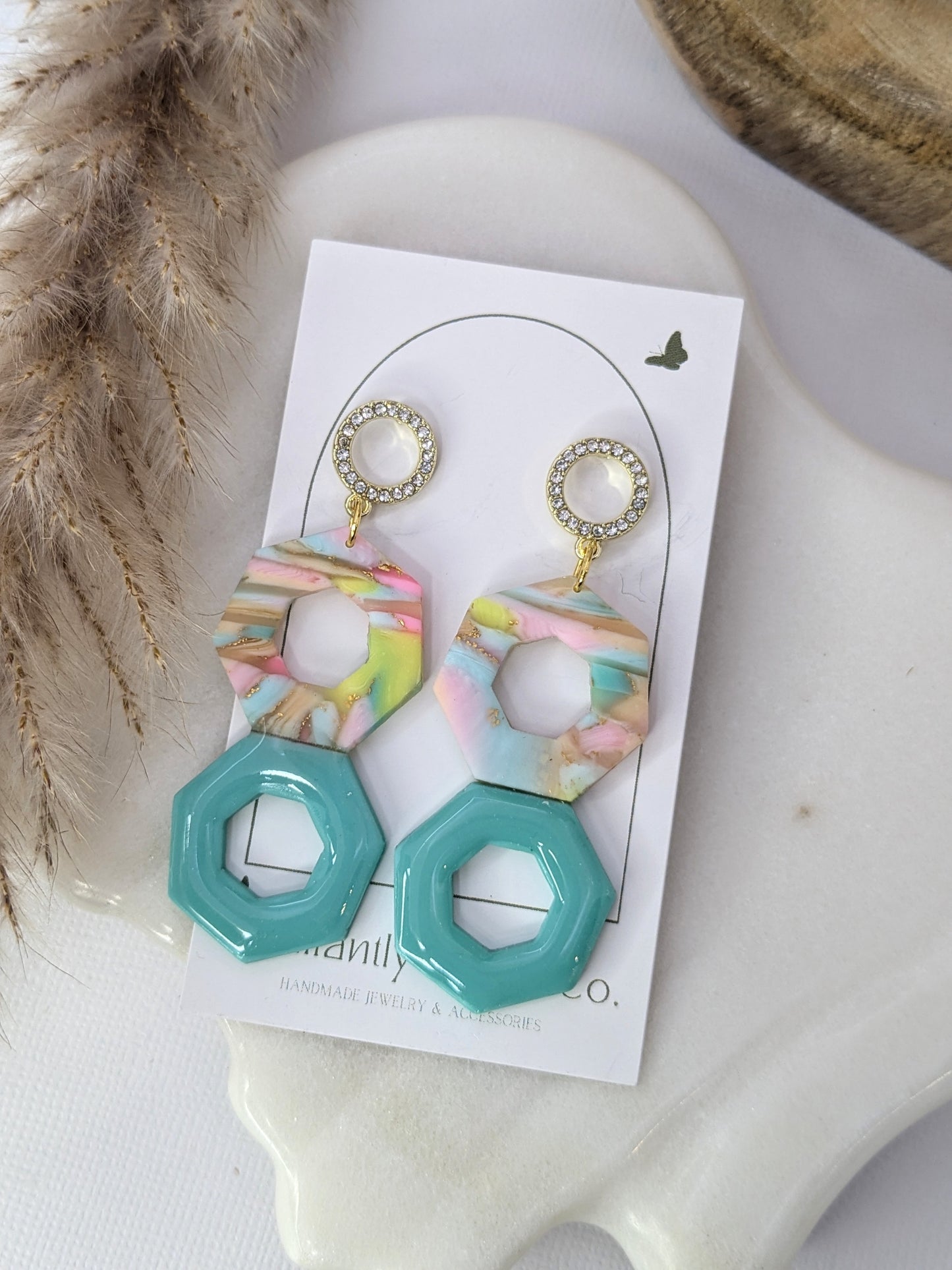 Glitzy Tie Dye Hexagon Dangles